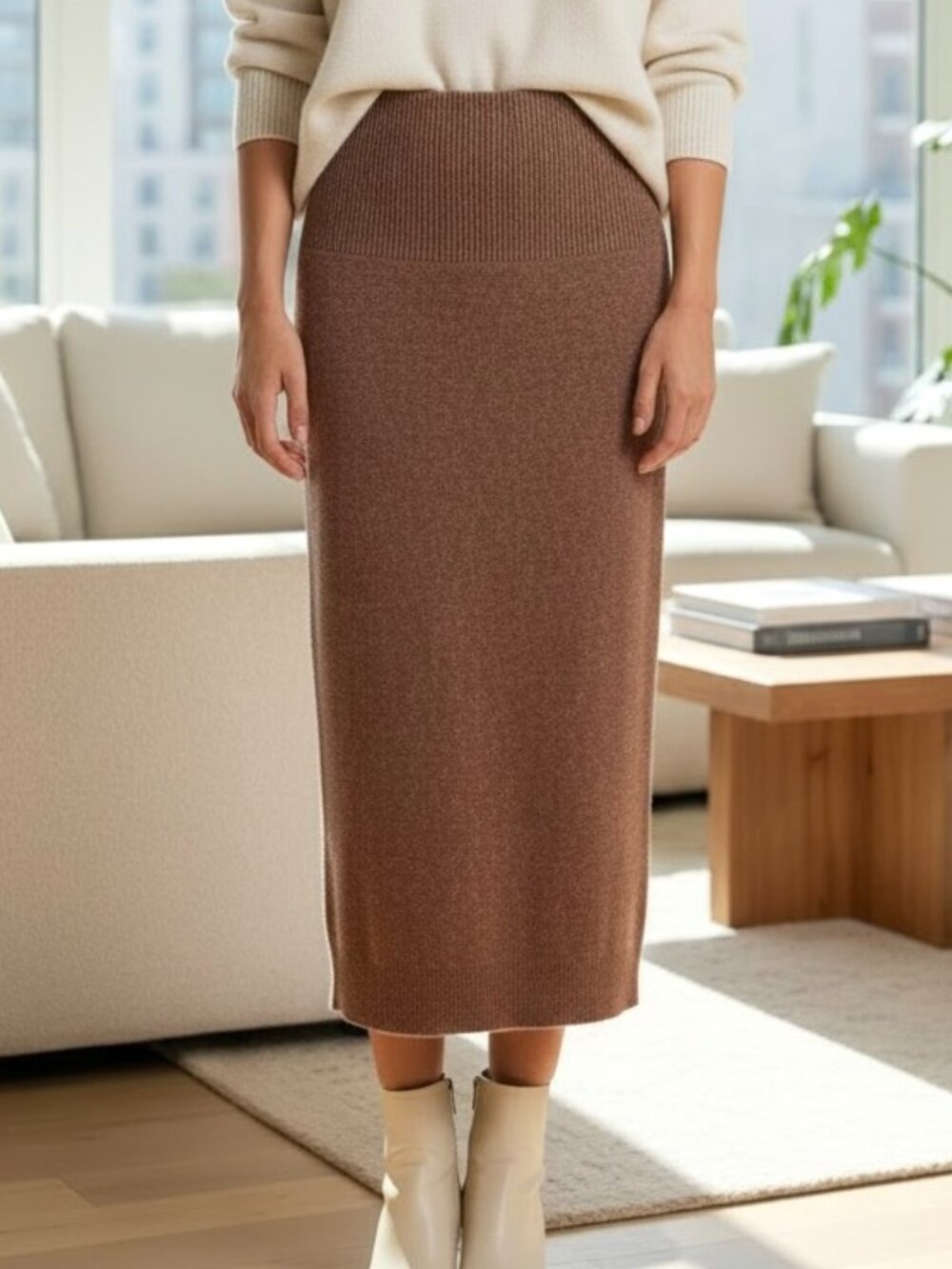 The Reset Knit Skirt Wool Cashmere Blend Midi Brown Ribbed Pull On (M) NWT